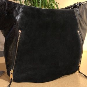 Halston Heritage Black Hobo Shoulder Handbag BLACK Leather & BLACK Suede